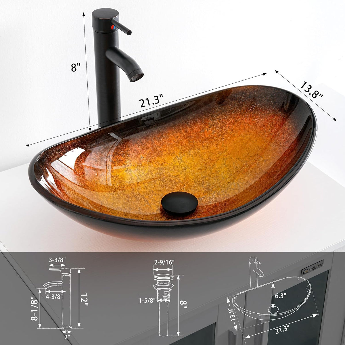 eclife 21.5" Bathroom Vessel Sink Modern Artistic Single Brown Boat Tempered Glass Basin Countertop Bowl Sink for Lavatory Vanity Cabinet, W/Water Save Faucet Pop Up Drain (A29BR)