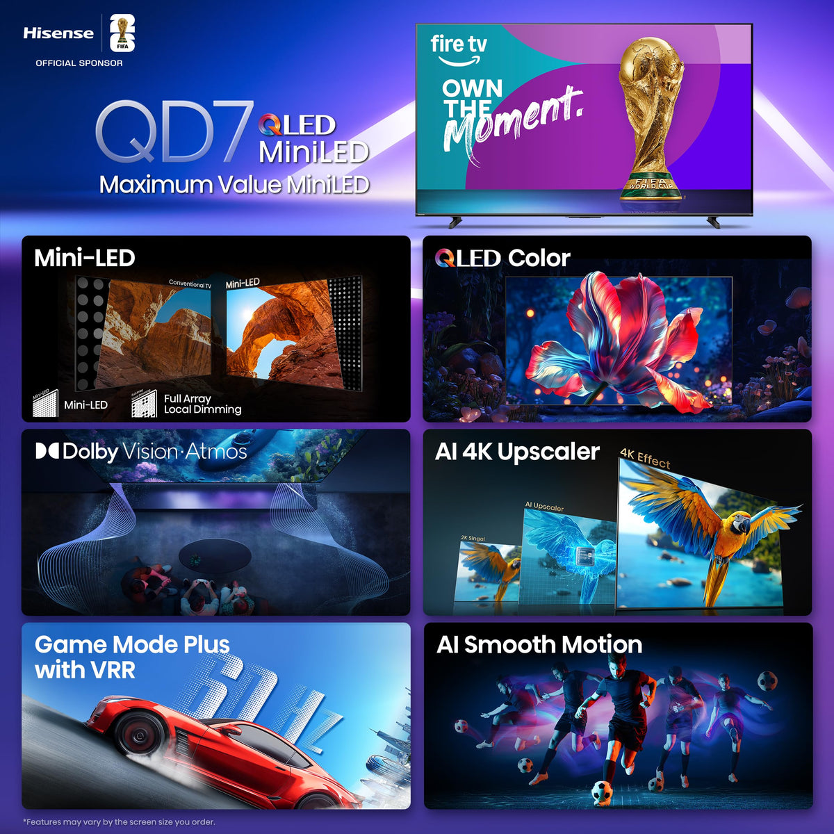 Hisense 65" Class QD7 Series Mini-LED 4K UHD Smart Fire TV (65QD7QF, 2025 Model) - QLED, HDR10+, Dolby Vision, Dolby Atmos, Game Mode Plus, ALLM, Alexa Built in with Voice Remote, Streaming TV, Black