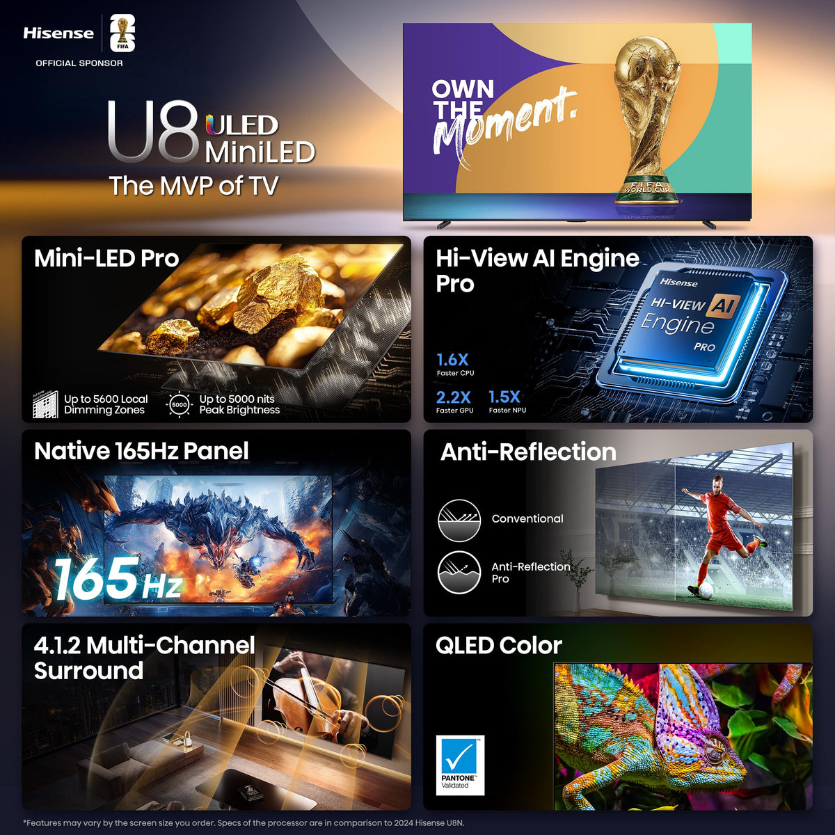 Hisense 65" U8 Series ULED Mini-LED 4K UHD Smart Google TV (65U8QG) - QLED, Native 165Hz, VRR 288, Up to LD5600, 5000 Nits, HDR10+, Dolby Vision IQ Â· Atmos, IMAX Enhanced, 4.1.2 Ch Audio