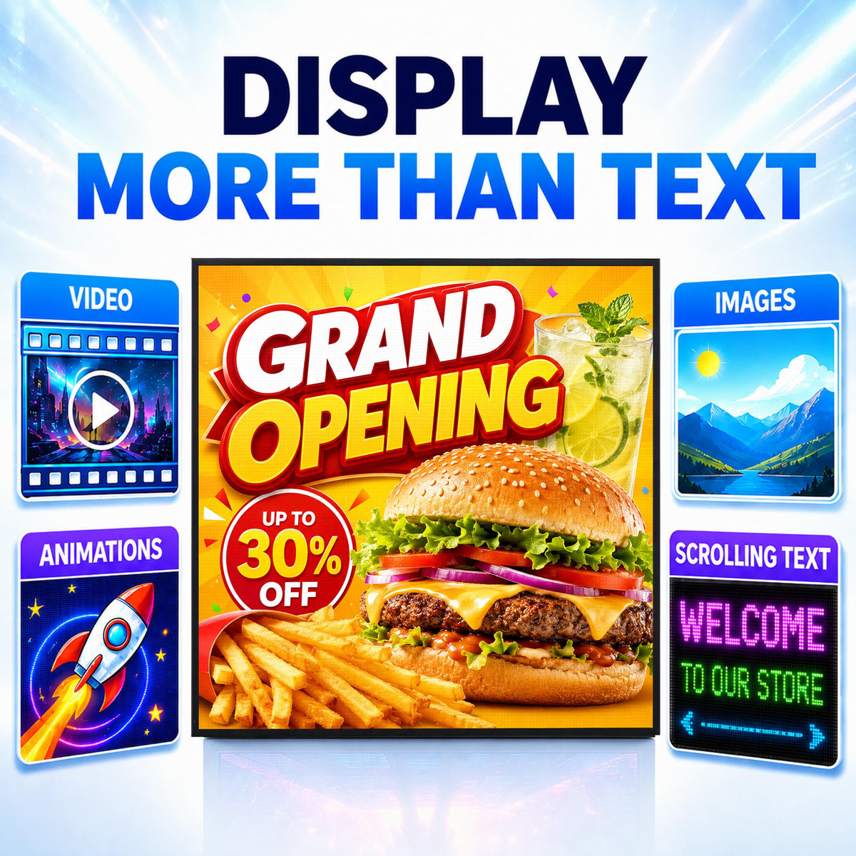 CX 65 x 34 Inch P5 Outdoor LED Sign, 320 x 160 Full-Color RGB Message Board with WiFi, Mobile App and USB Control, IP65 Display for Scrolling Text, Images and Video