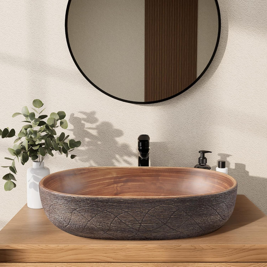 Homary Bathroom Vessel Sink, 23.23" Oval Bowl Sink Retro Ceramic Washbasin Above Counter for Bathroom,Without Pop-up Drain, Retro Brown