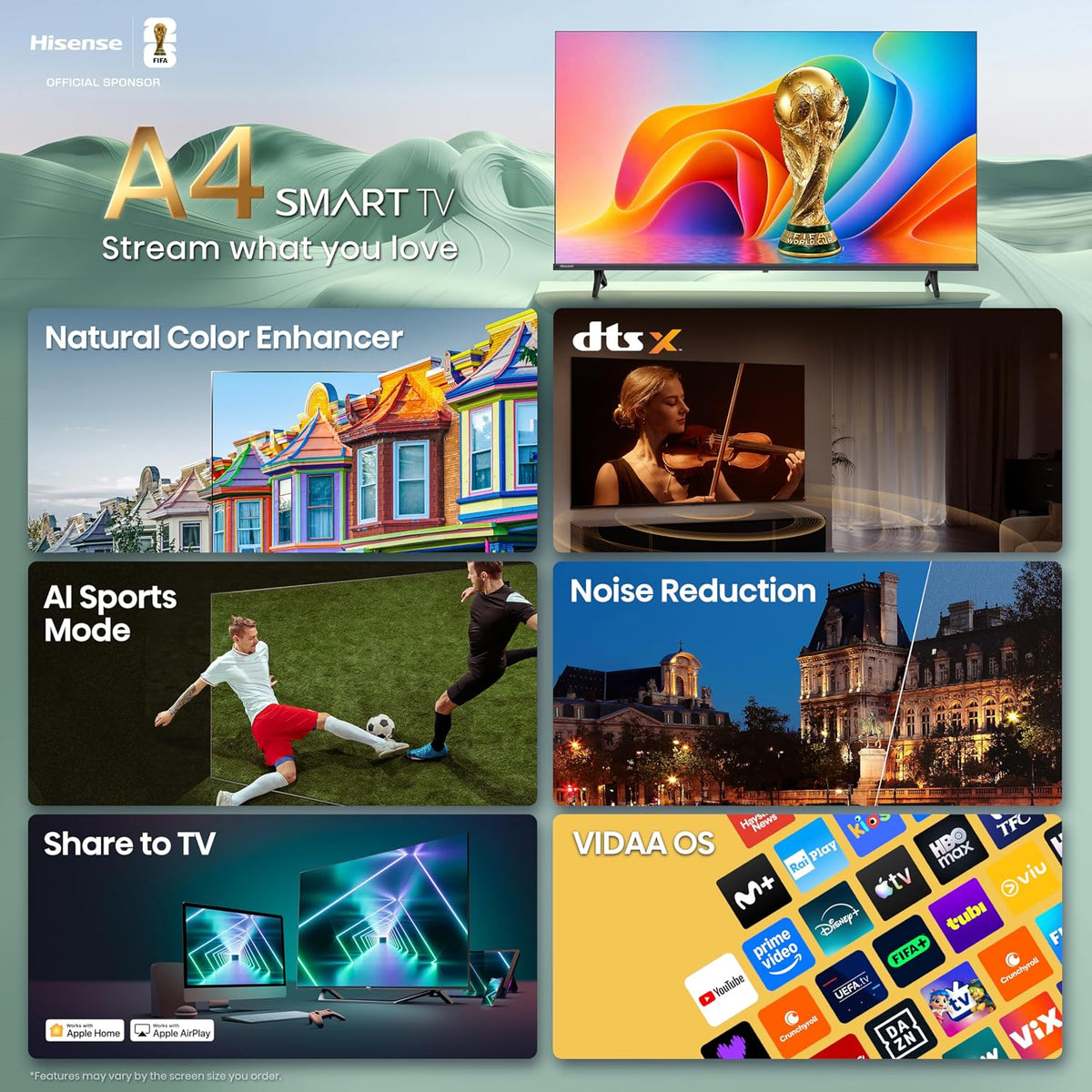 Hisense 32-Inch Class A4 Series HD 1080p Smart VIDAA TV (32A4NV, 2026 Model) - DTS Virtual: X, Noise Reduction, AI Sports Mode, Apple Airplay & Apple Home, Alexa Built in