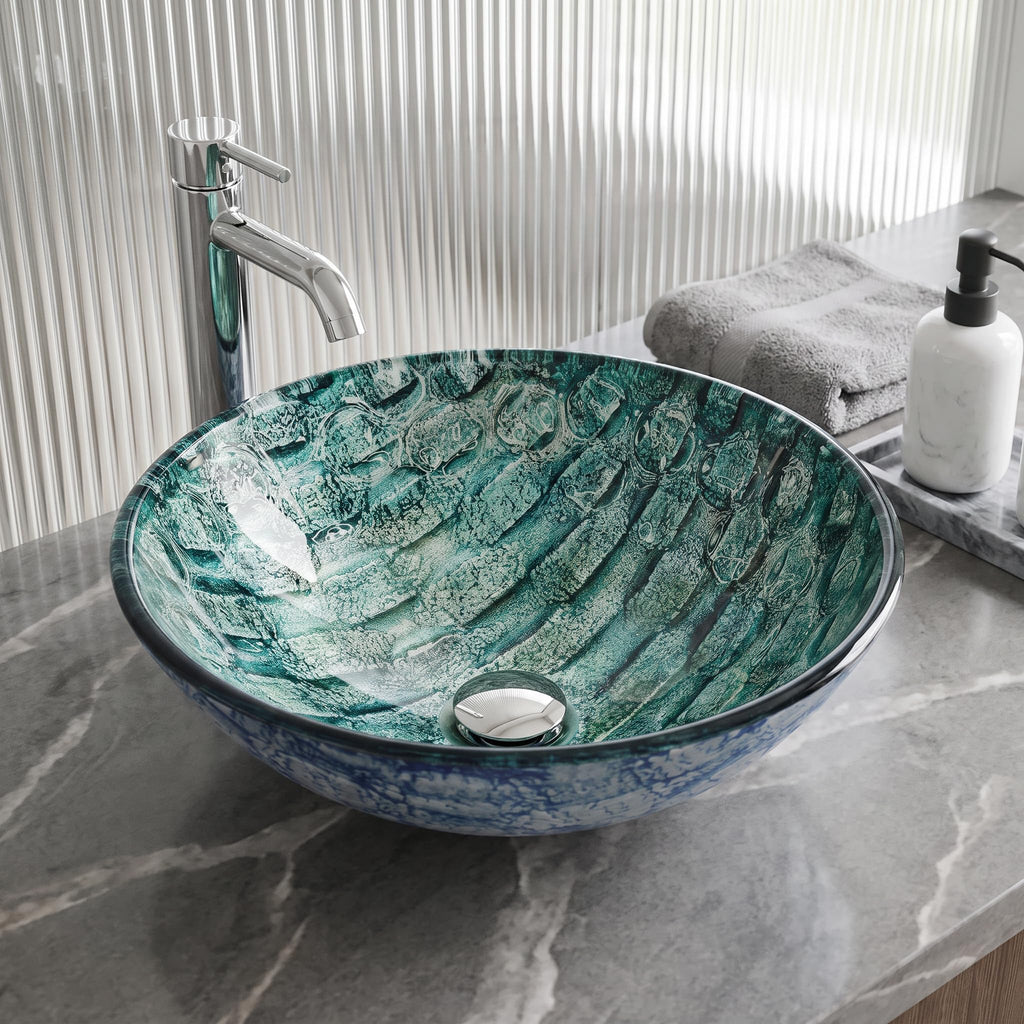 Vigo Vessel Sink Copper - 17â Artistic Round Bowl Sink for Bathrooms, Tempered Glass Above Counter Bathroom Sink with NonStickShield, QuickDrain & TempGuard, Modern Luxury Design