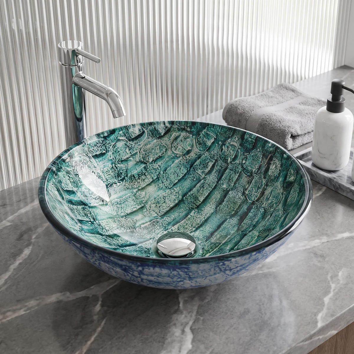 Vigo Vessel Sink Copper - 17â Artistic Round Bowl Sink for Bathrooms, Tempered Glass Above Counter Bathroom Sink with NonStickShield, QuickDrain & TempGuard, Modern Luxury Design