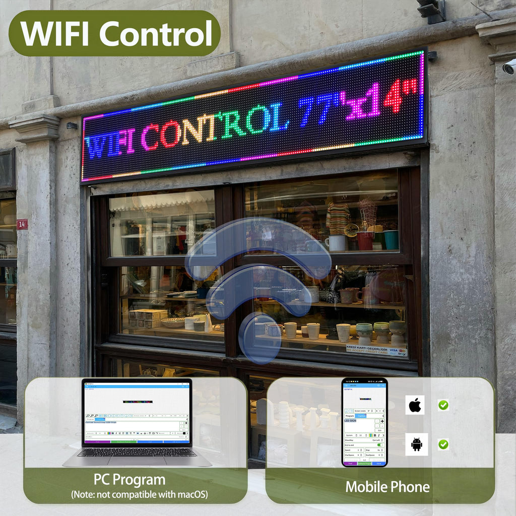 P3 Programmable LED Sign 40"x17" Full Color Outdoor Digital Message Board WiFi Control, IP65 Waterproof, 5000cd Brightness, Scrolling Text/Image/Video Display for Business Store Restaurant Advertising