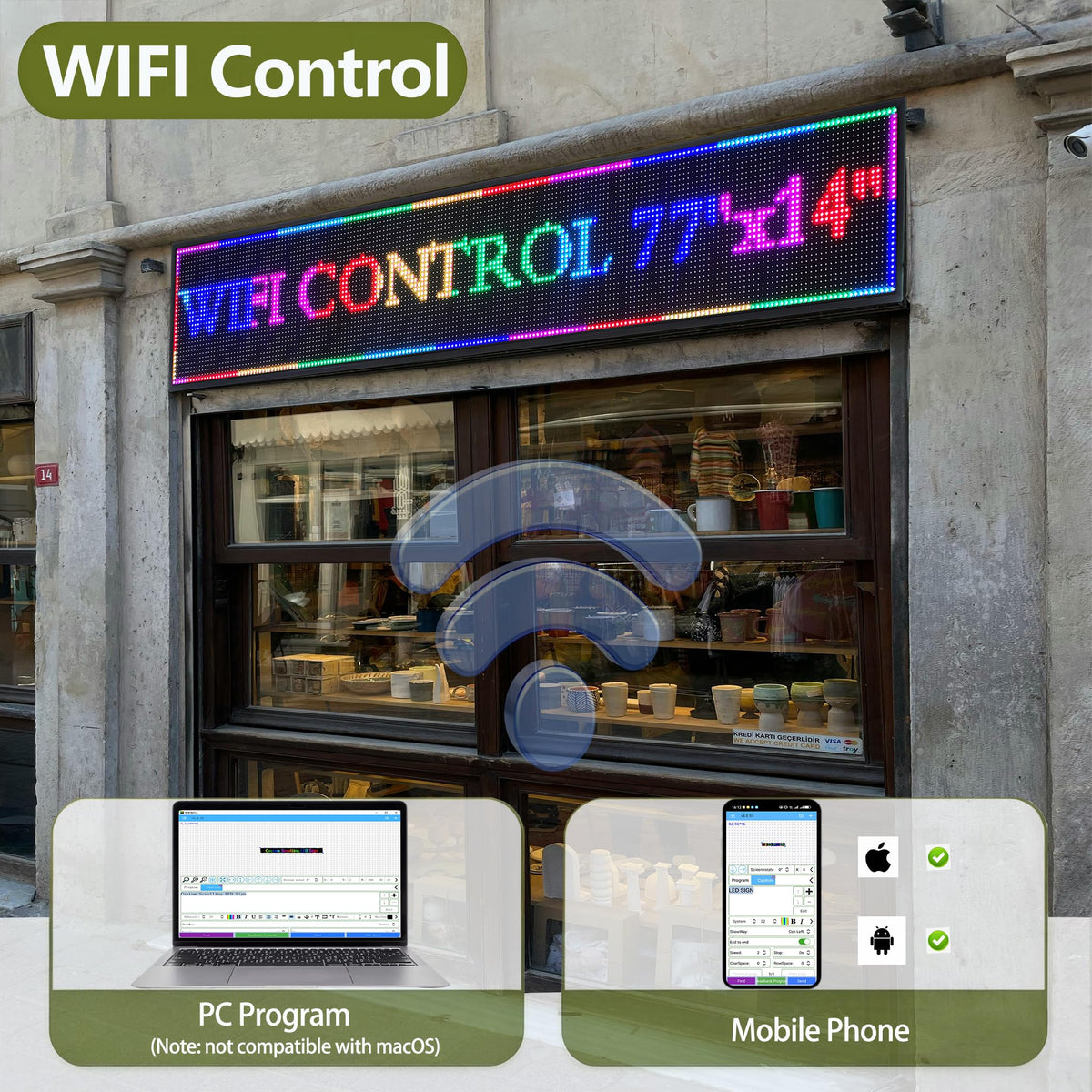 P3 Programmable LED Sign 40"x17" Full Color Outdoor Digital Message Board WiFi Control, IP65 Waterproof, 5000cd Brightness, Scrolling Text/Image/Video Display for Business Store Restaurant Advertising