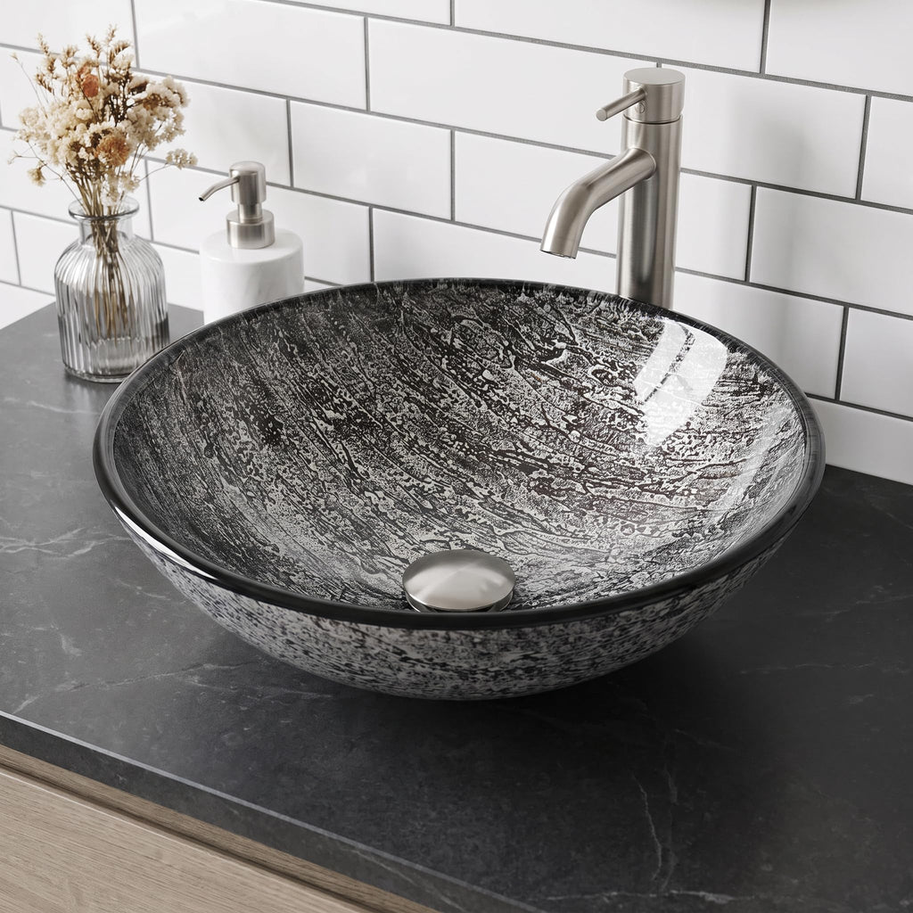 Vigo Vessel Sink Copper - 17â Artistic Round Bowl Sink for Bathrooms, Tempered Glass Above Counter Bathroom Sink with NonStickShield, QuickDrain & TempGuard, Modern Luxury Design