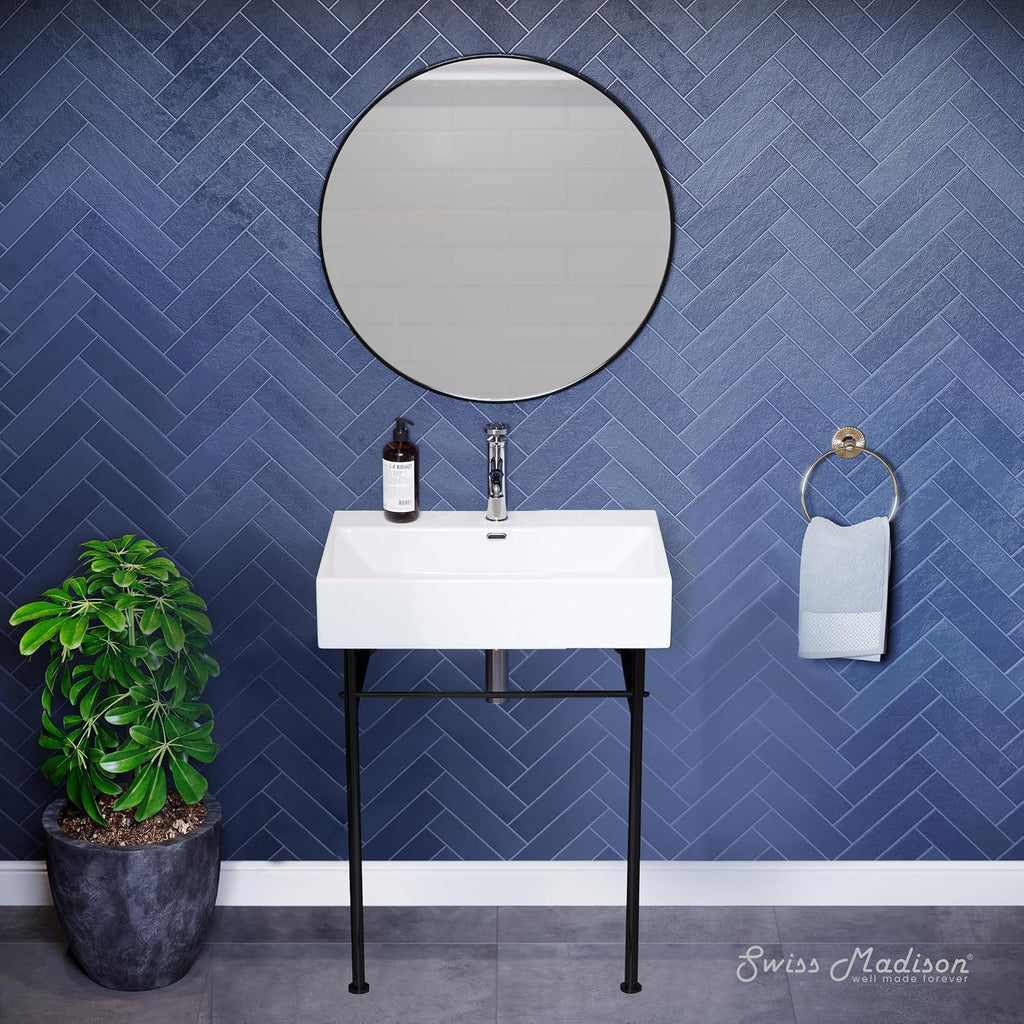 Claire 24" Ceramic Console Sink, White Basin Black Legs, with Overflow Drain