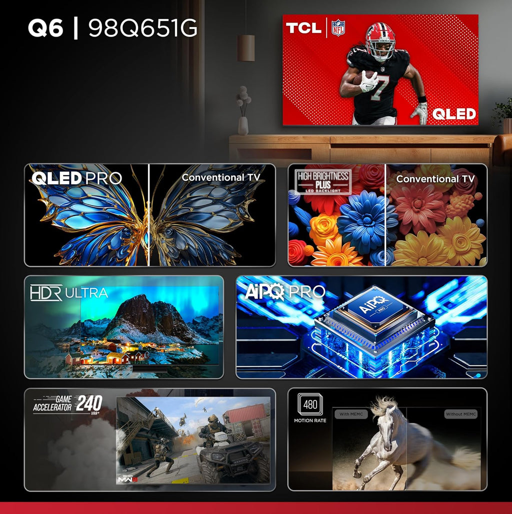 TCL 98-Inch Q65 QLED 4K UHD Smart TV with Google TV (98Q651G, 2024 Model) Dolby Vision, Dolby Atmos, HDR Pro+, Game Accelerator Enhanced Gaming, Voice Remote, Works with Alexa, Streaming Television