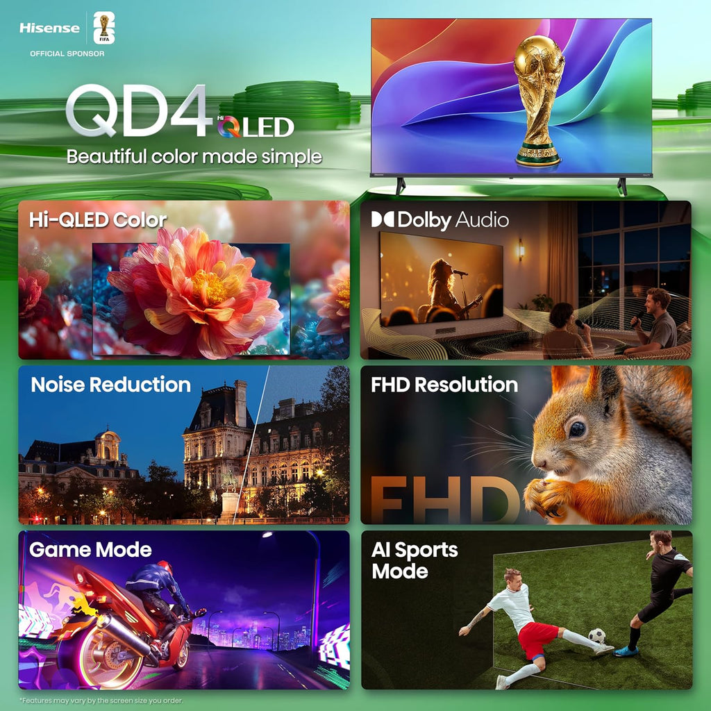 Hisense 40-Inch Class QD4SR Series Hi-QLED FHD Smart Roku TV (40QD4SR, 2026 Model) â Hi-QLED Color, Dolby Audio, Compatible with Alexa, Full Array LED, Slim Bezel Design