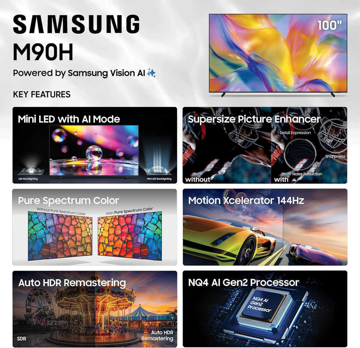 Samsung 100â Class M90H Series, Mini LED, 4K, Samsung Vision AI, Smart Tizen TV, 2026 (UN100M90HFXZA) (Renewed)