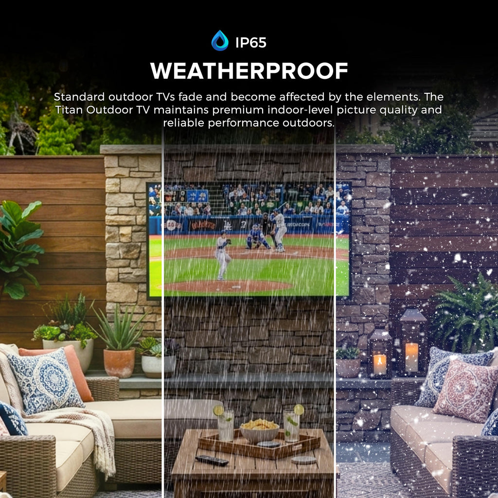 Titan G100 Mini 85 Inch Covered Patio Outdoor TV â 4K UHD QLED IP65 - Google OS, Dolby Vision & Atmos, Onkyo Speakers - Thin Bezel - Weather Resistant - 2-Year Warranty & USA Assembled