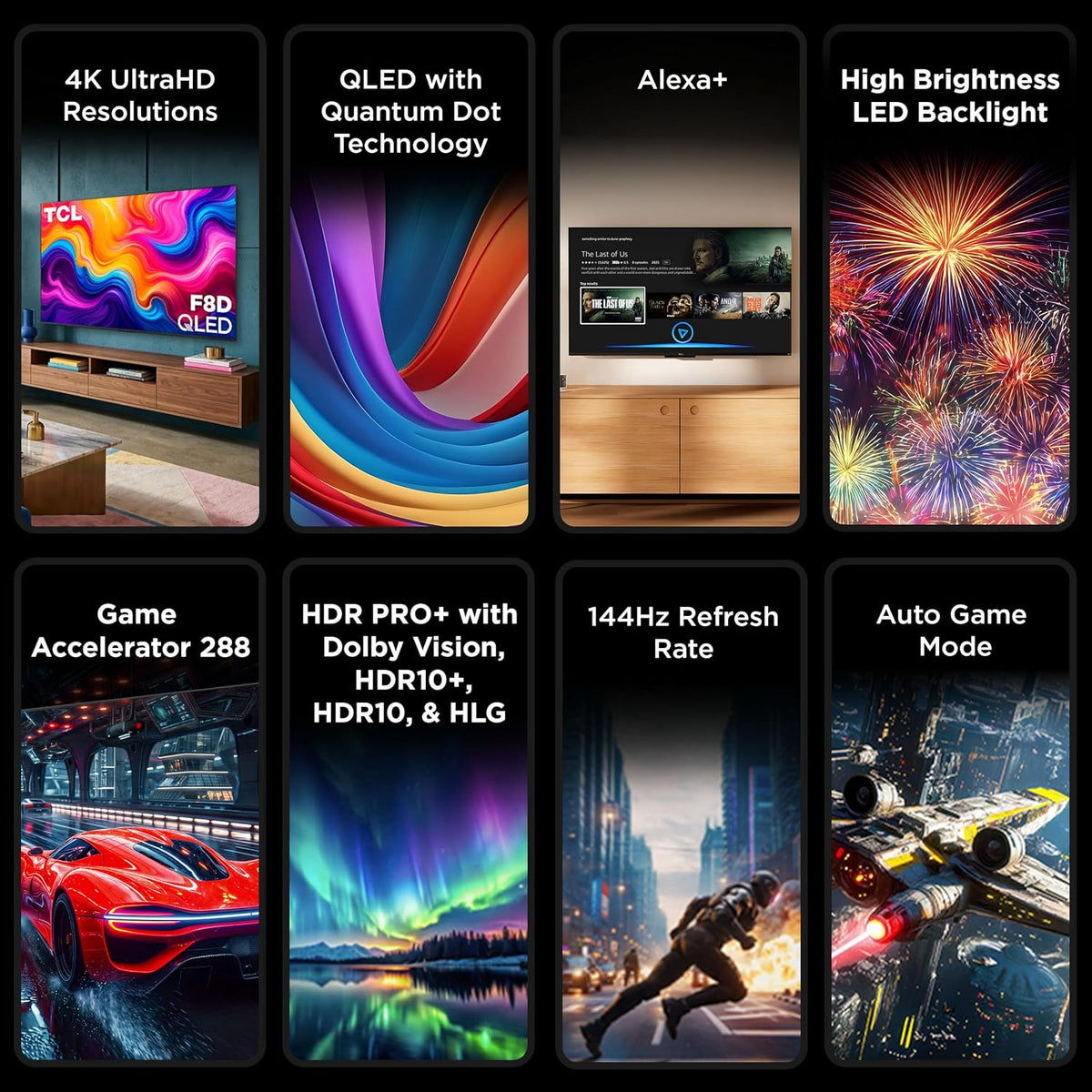 TCL 75-Inch F8D Series 4K QLED Smart TV (75F8D, 2026 Model) with Dolby Vision HDR and Dolby Atmos, Game Accelerator 288 and VRR for Sports and Gaming | Fire TV, Alexa+, 120Hz Refresh, LED Backlighting