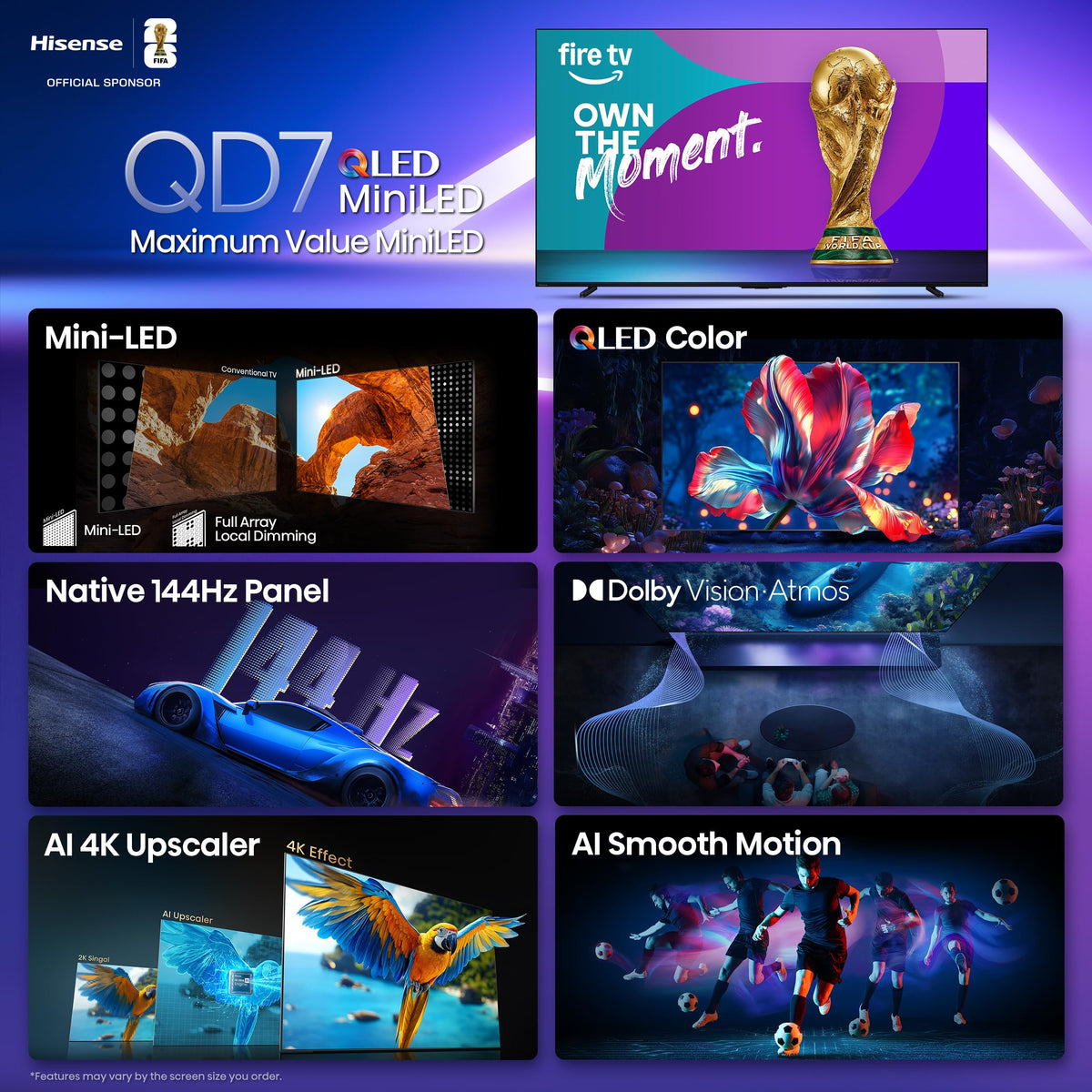 Hisense 65" Class QD7 Series Mini-LED 4K UHD Smart Fire TV (65QD7QF, 2025 Model) - QLED, HDR10+, Dolby Vision, Dolby Atmos, Game Mode Plus, ALLM, Alexa Built in with Voice Remote, Streaming TV, Black