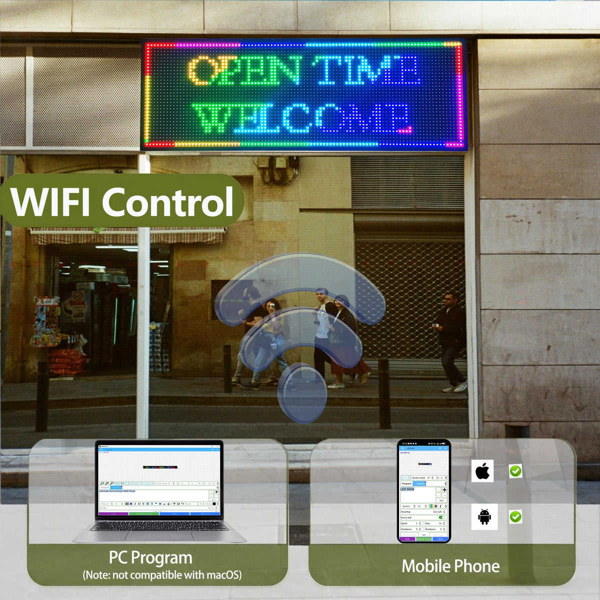 P3 Programmable LED Sign 40"x17" Full Color Outdoor Digital Message Board WiFi Control, IP65 Waterproof, 5000cd Brightness, Scrolling Text/Image/Video Display for Business Store Restaurant Advertising