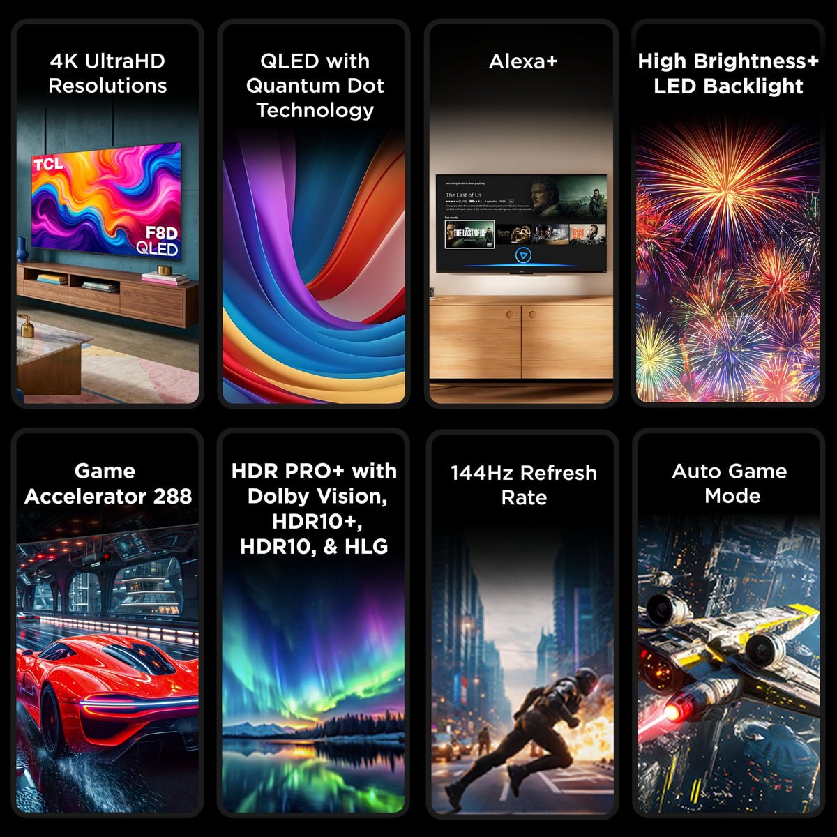 TCL 75-Inch F8D Series 4K QLED Smart TV (75F8D, 2026 Model) with Dolby Vision HDR and Dolby Atmos, Game Accelerator 288 and VRR for Sports and Gaming | Fire TV, Alexa+, 120Hz Refresh, LED Backlighting
