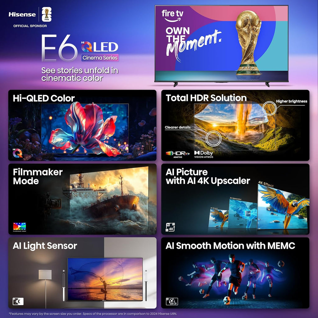 Hisense 75" E6 Cinema Series Hi-QLED 4K UHD Smart Fire TV (75E6QF) - AI Light Sensor, Dolby Vision Â· Atmos, Voice Remote with Alexa, Motion Rate 120, HDR 10+ Adaptive, Game Mode Plus