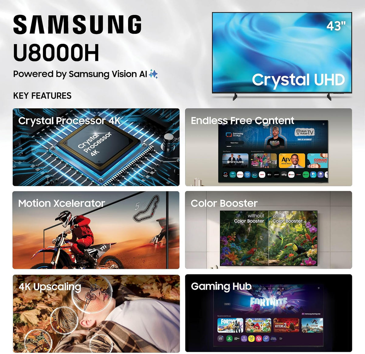 Samsung 43-Inch Class Crystal UHD U8000H Series Samsung Vision AI Smart TV (2026 Model, 43U8000H) Processor 4K, Endless Free Content, Motion Xcelerator, Color Booster, Alexa Built-in